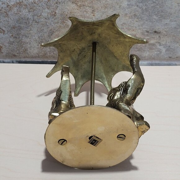 Vintage Two Elephants Trunks Raised  Under Umbrella Solid Brass Statue - Picture 4 of 12